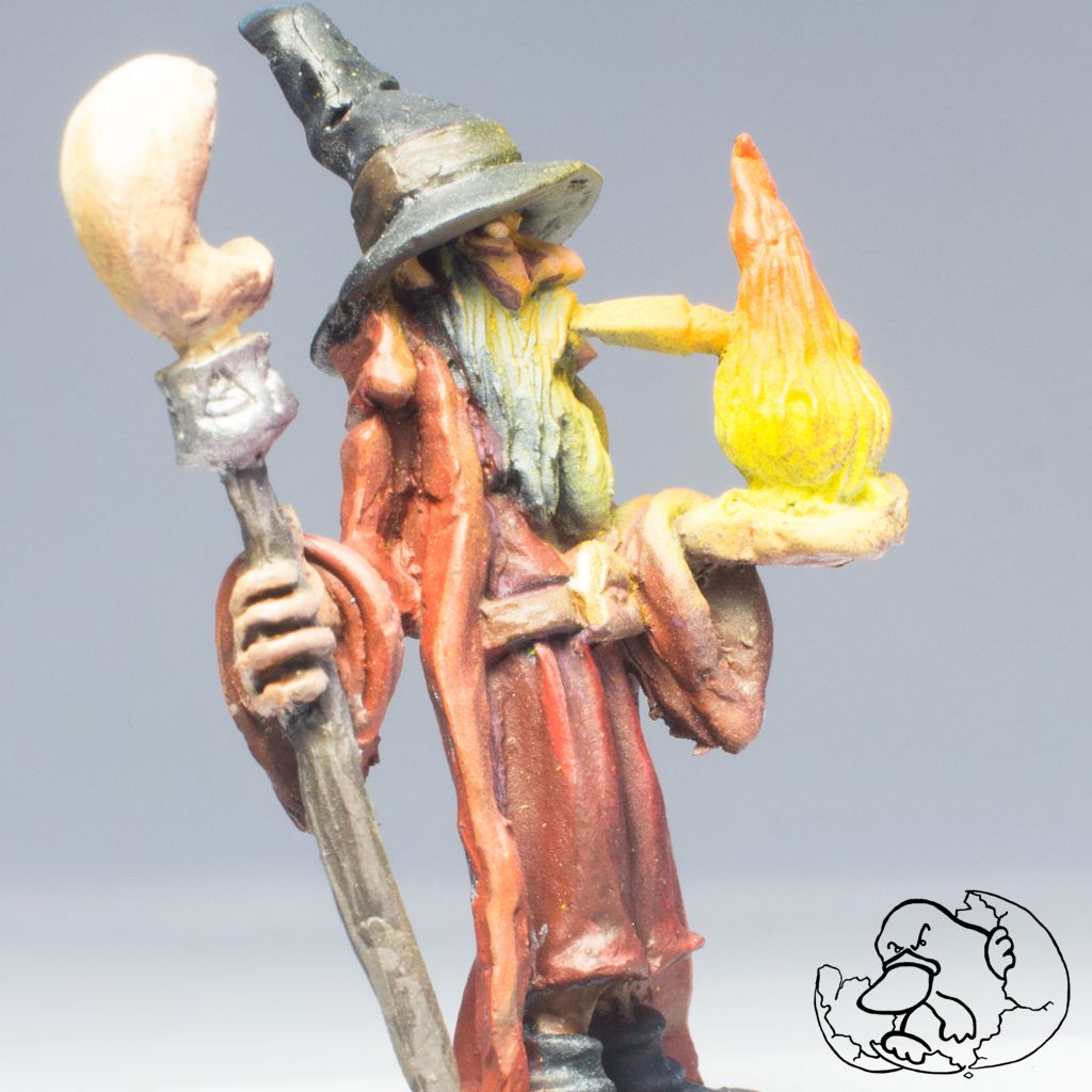 human red smoker wizard mini painted to use in role playing game dungeon or wargame